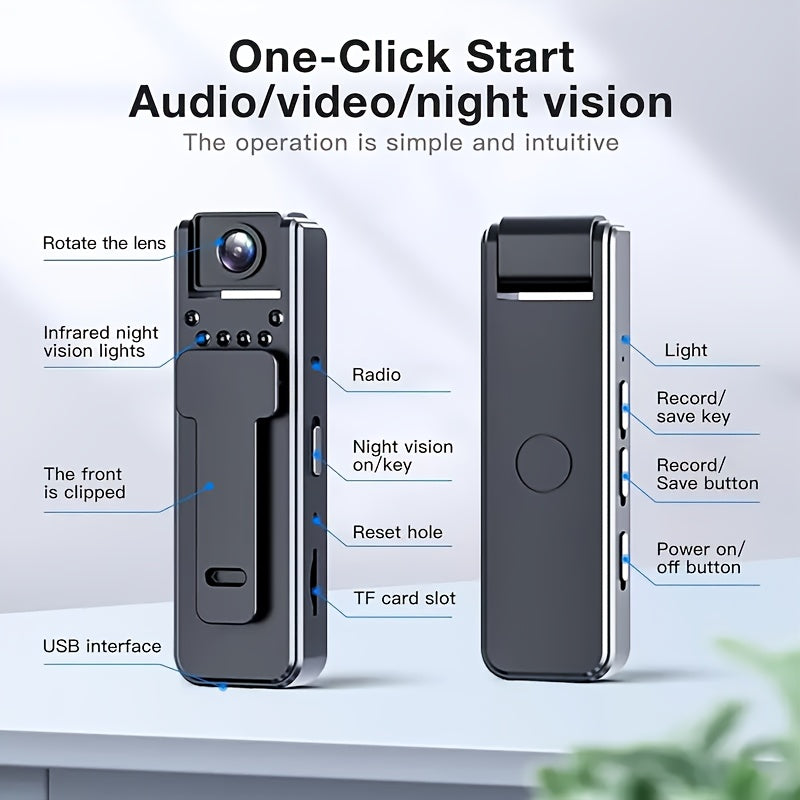 1080P FHD Night Vision Action Camera with 180° Rotating Lens - Hands-Free Wearable Body Camera for Cycling, Hiking and Sports, Meeting/Sports Recording