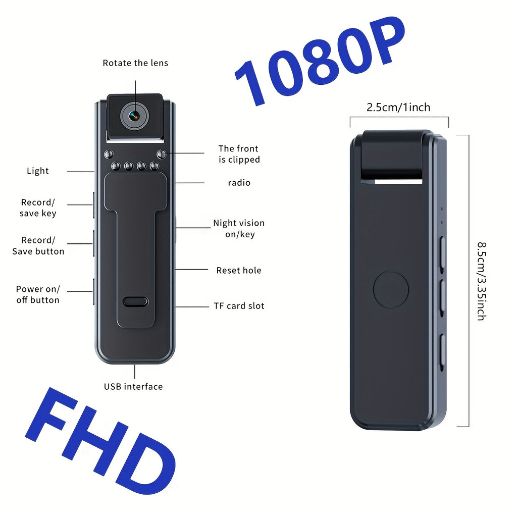 1080P FHD Night Vision Action Camera with 180° Rotating Lens - Hands-Free Wearable Body Camera for Cycling, Hiking and Sports, Meeting/Sports Recording