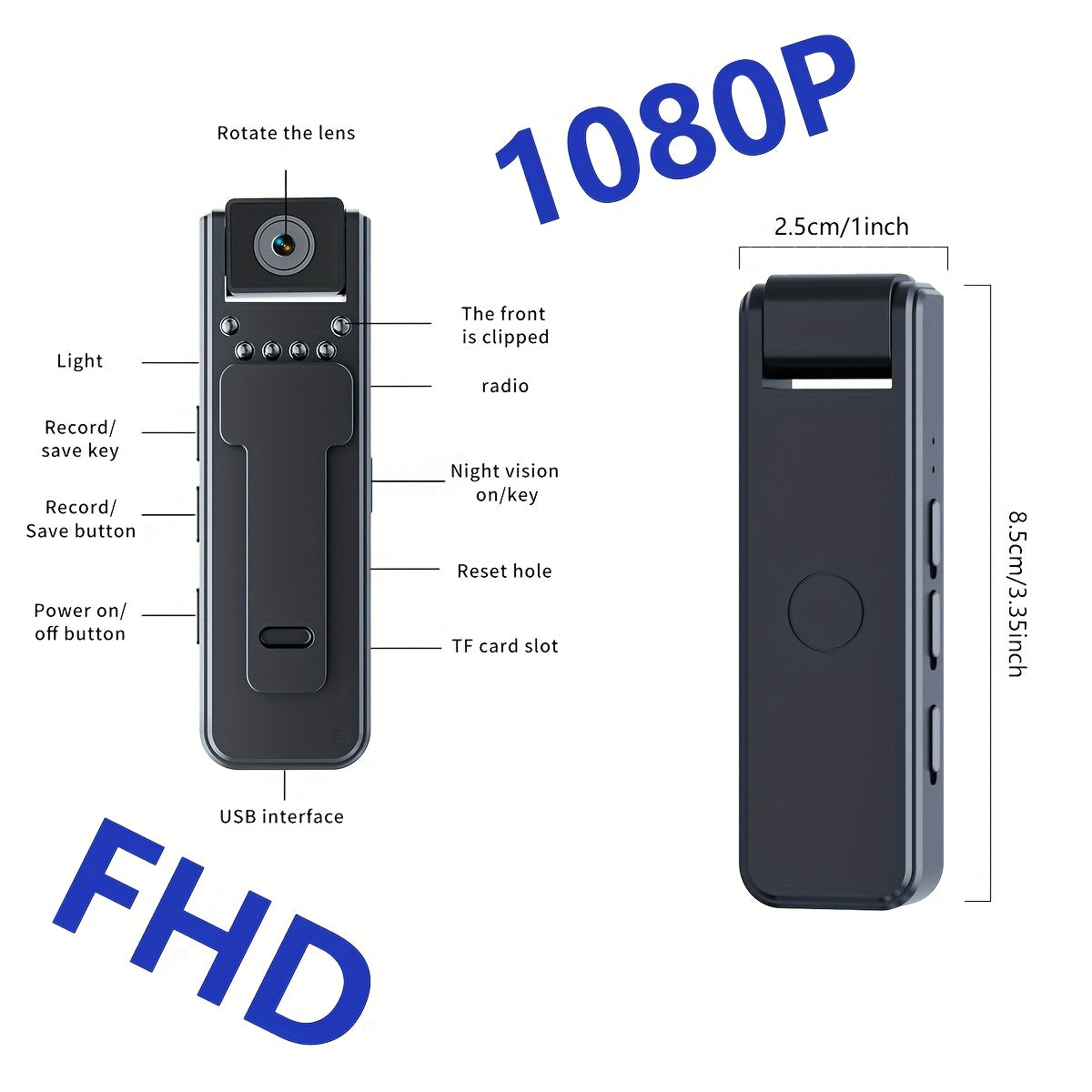 1080P FHD Night Vision Action Camera with 180° Rotating Lens - Hands-Free Wearable Body Camera for Cycling, Hiking and Sports, Meeting/Sports Recording